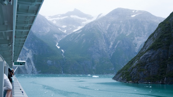Near vertical mountain slopes carved by glaciers. The cold blue green waters of Tracy Arm Fjord in Alaska as viewed from a cruise ship.
