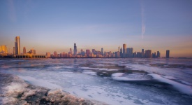 A cold winter morning overlooking the skyline of Chicago