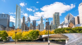 Chicago skyline view from autumn park, city of Chicago downtown skyscrapers cityscape, Illinois, USA