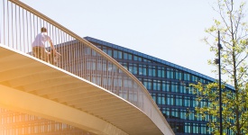 person biking on bridge